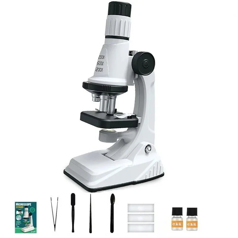 Kinder-Mikroskop-Set, 200 x 600 x 1200 x biologisches Wissenschafts-Stielspielzeug, Handlupe, Schule, pädagogisches Taschenmikroskop mit LED-Licht