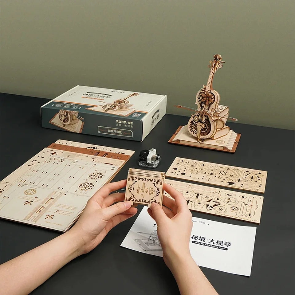 Robotime ROKR 3D-Holzpuzzle, magisches Cello, mechanische Spieluhr, beweglicher Stiel, lustiges kreatives Spielzeug für Kinder und Mädchen AMK63