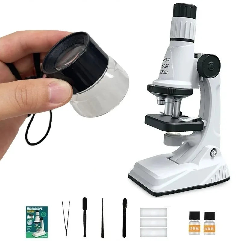 Kinder-Mikroskop-Set, 200 x 600 x 1200 x biologisches Wissenschafts-Stielspielzeug, Handlupe, Schule, pädagogisches Taschenmikroskop mit LED-Licht