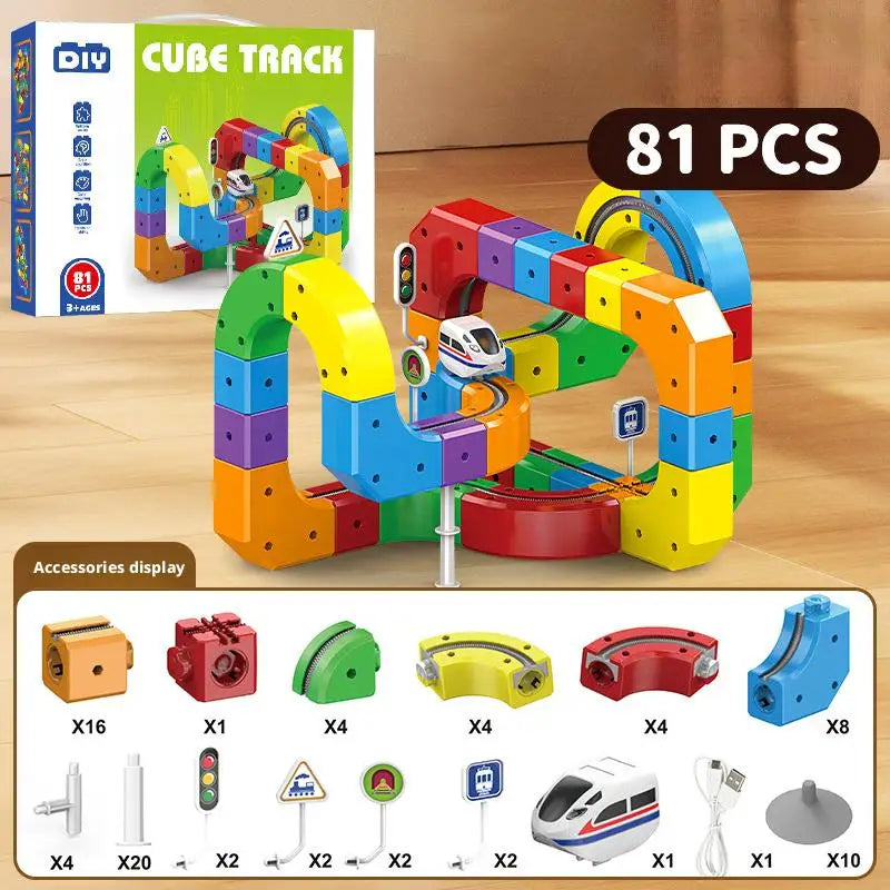 51/81/123PCS Magische Track Zug USB Aufladbare 3D Bausätze Cube Schienen STEM Pädagogisches Spielzeug Weihnachten geburtstag Geschenk