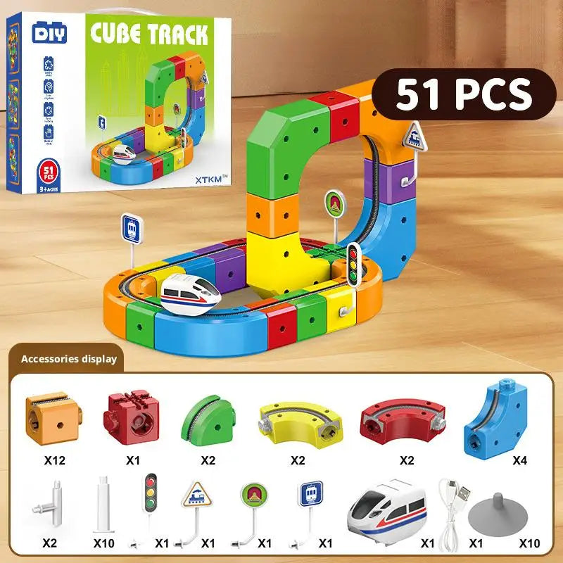 51/81/123PCS Magische Track Zug USB Aufladbare 3D Bausätze Cube Schienen STEM Pädagogisches Spielzeug Weihnachten geburtstag Geschenk