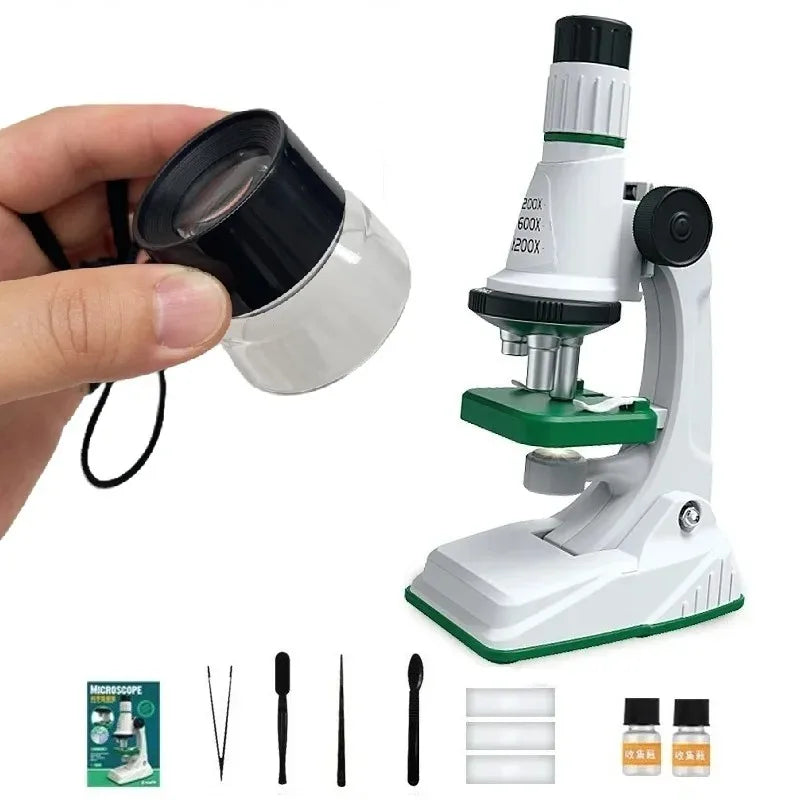 Kinder-Mikroskop-Set, 200 x 600 x 1200 x biologisches Wissenschafts-Stielspielzeug, Handlupe, Schule, pädagogisches Taschenmikroskop mit LED-Licht