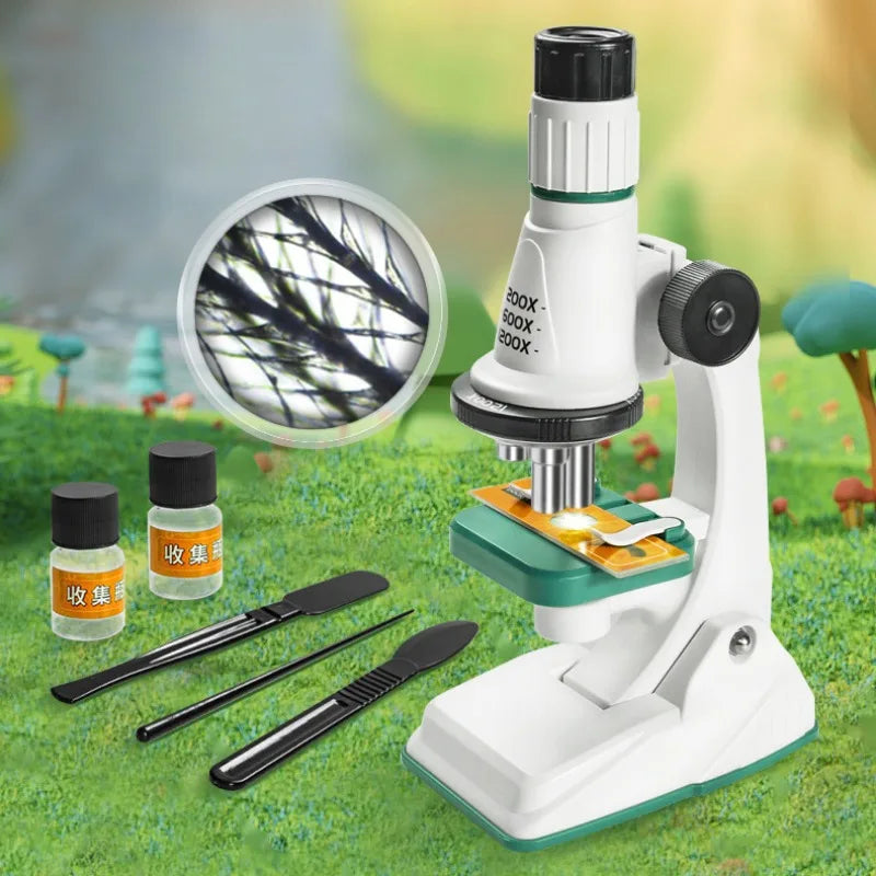Kinder-Mikroskop-Set, 200 x 600 x 1200 x biologisches Wissenschafts-Stielspielzeug, Handlupe, Schule, pädagogisches Taschenmikroskop mit LED-Licht