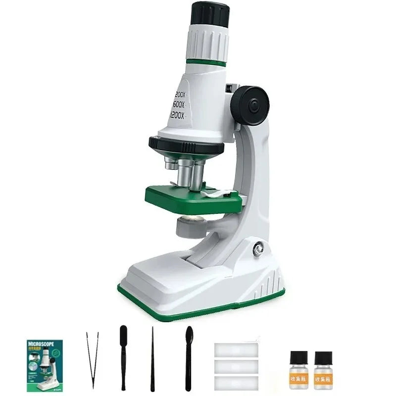 Kinder-Mikroskop-Set, 200 x 600 x 1200 x biologisches Wissenschafts-Stielspielzeug, Handlupe, Schule, pädagogisches Taschenmikroskop mit LED-Licht