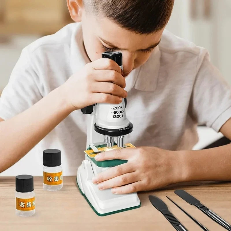 Kinder-Mikroskop-Set, 200 x 600 x 1200 x biologisches Wissenschafts-Stielspielzeug, Handlupe, Schule, pädagogisches Taschenmikroskop mit LED-Licht