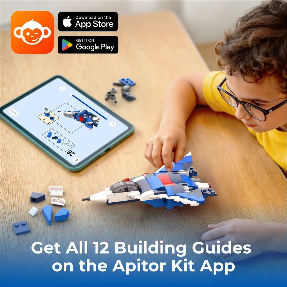 Apitor 12-in-1 STEM-Baukasten Kreatives Konstruktionsspielzeug App-Handbuch Kampfjet-Roboter DIY-Aktivität für Kinder ab 6 Jahren