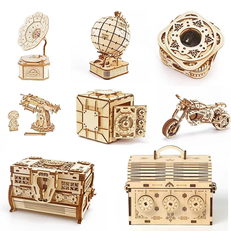DIY 3D Holzpuzzle Grammophon Mechanisches Modellbausatz Vintage Plattenspieler Spieluhr Montage-Spielzeug STEM Wissenschafts-Set für Erwachsene & Kinder
